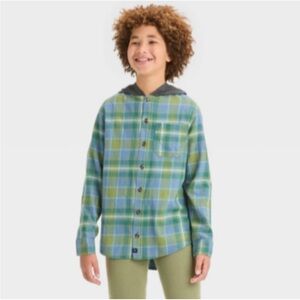 NEW! Boys' Art Class Flannel Hooded Long Sleeve Button-Down Shirt - Blue/Green
